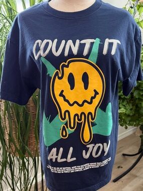 Women’s Navy 'Count It All Joy' Graphic Tee with Yellow Smiley